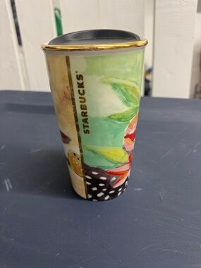 Starbucks 2014 Tumbler Ceramic Watercolor Poppies Floral Gold Rim Black lid